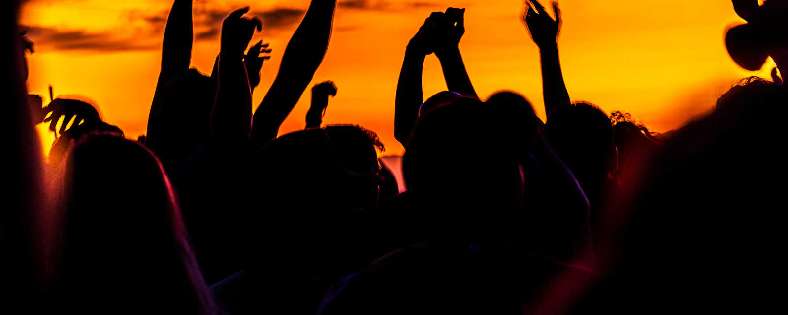 Silhouetted concert crowd raising hands during a summer sunset